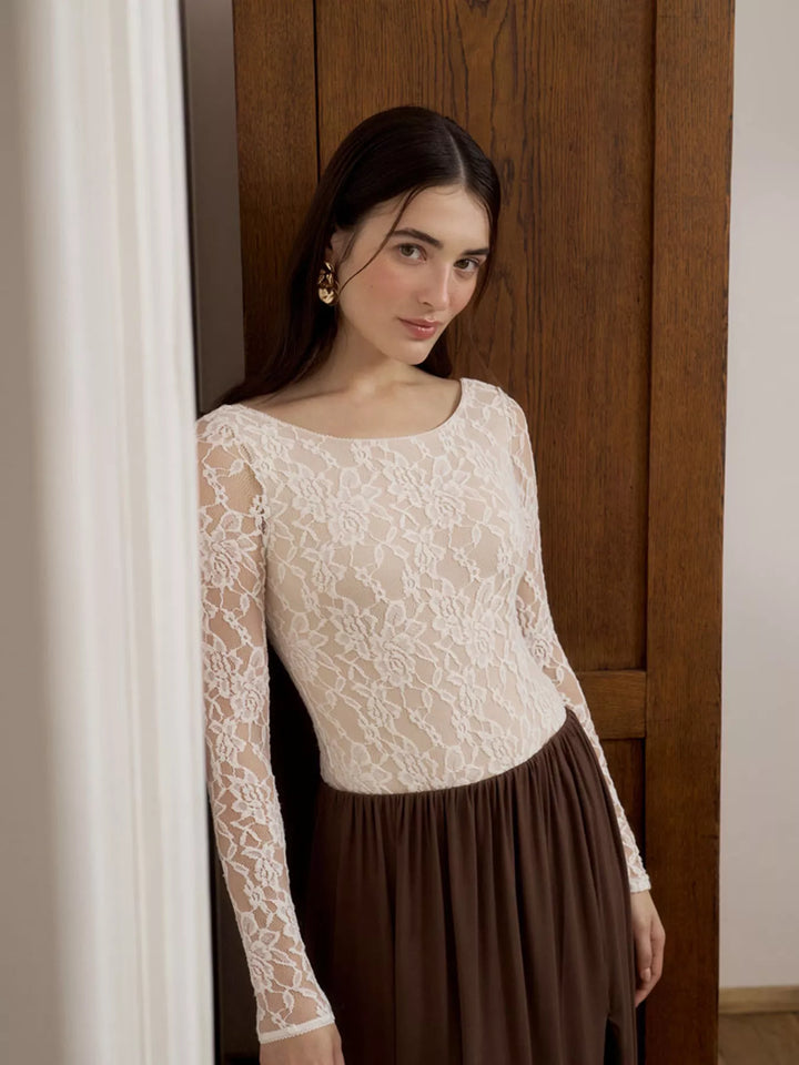 Sheer floral lace round neck long sleeve top