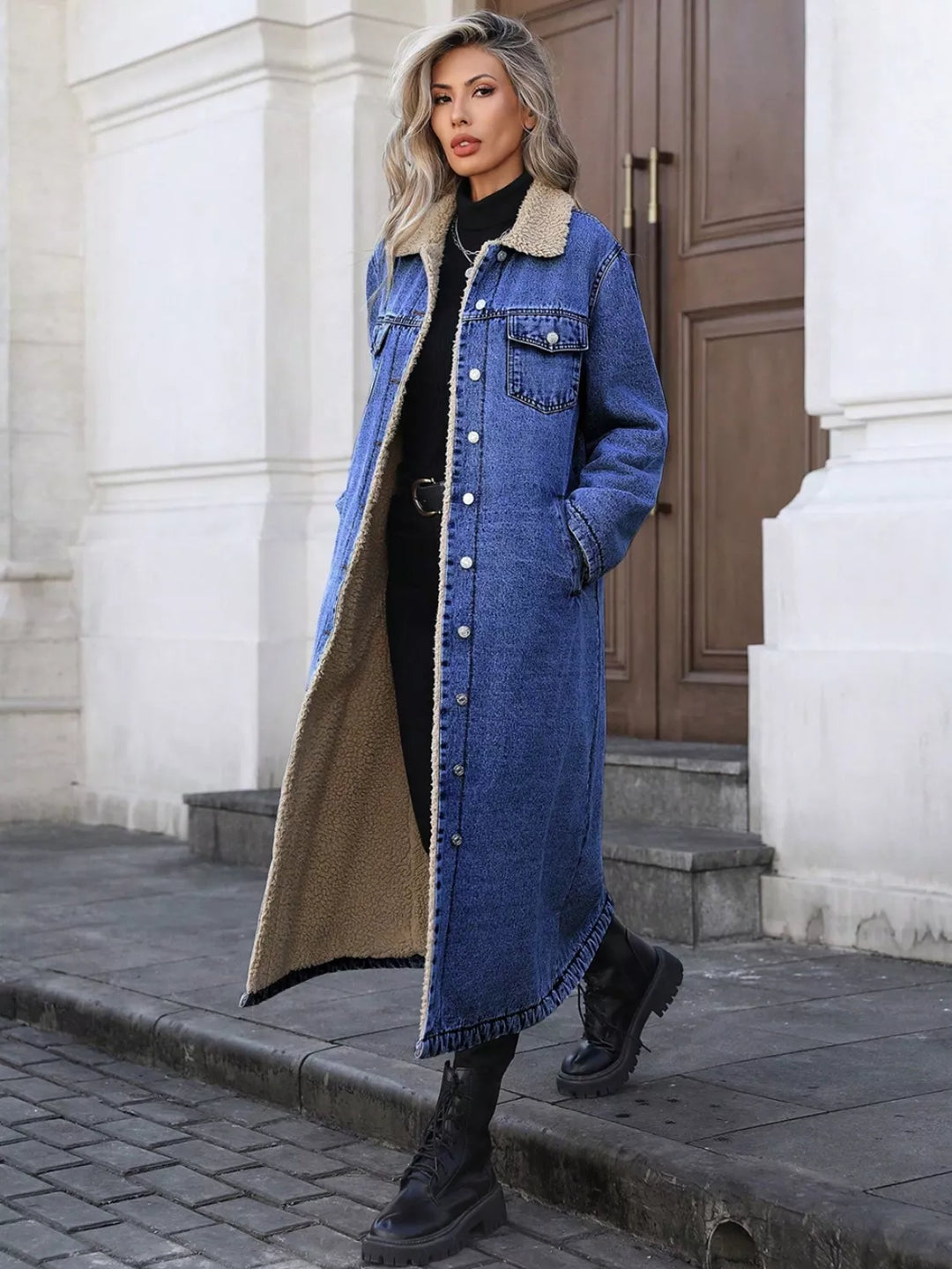 Sherpa-lined longline button-front denim jacket