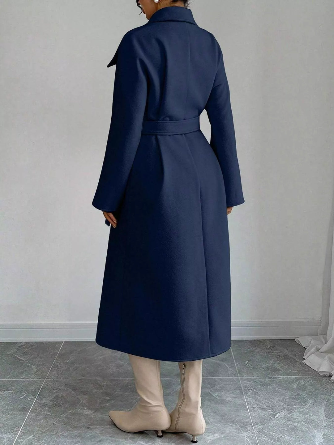 Double-breasted belted longline coat with stand collar