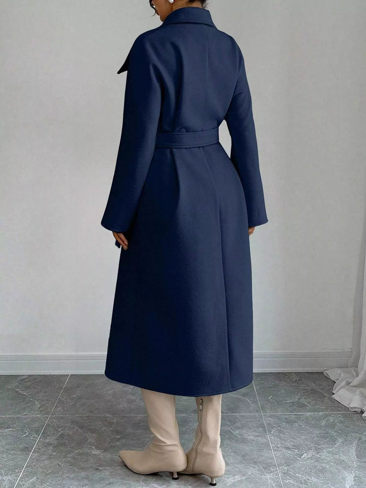 Double-breasted belted longline coat with stand collar