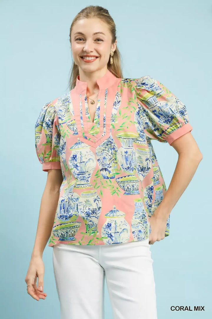 CORAL MIX Graphic print V-neck top with puff sleeves