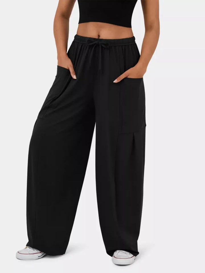 Black High-rise drawstring wide-leg pants with patch pockets
