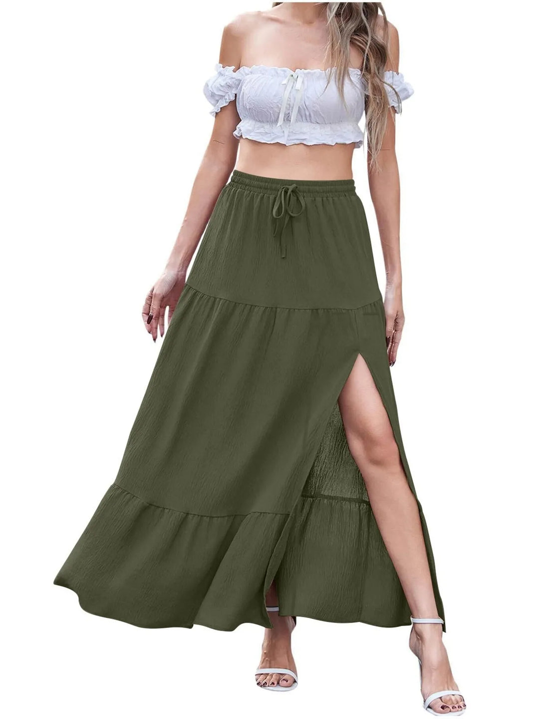 Olive Tiered ruffled maxi skirt with front slit