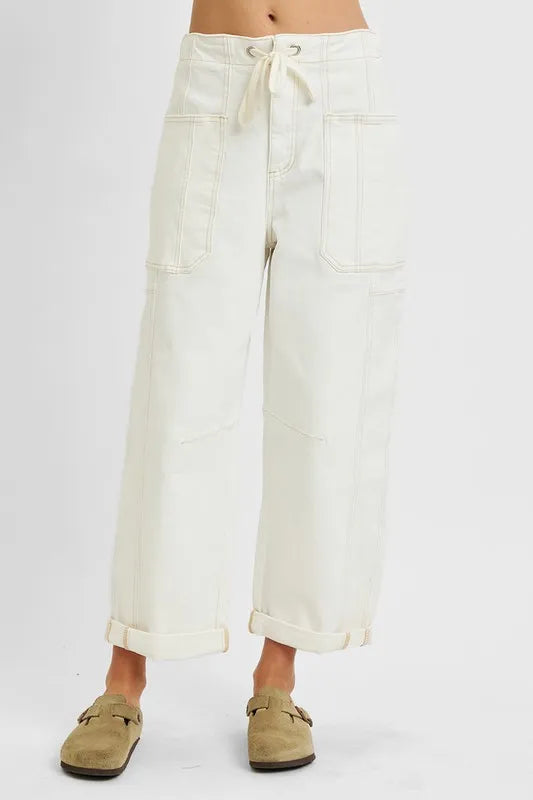 High-rise barrel-leg utility jeans with drawstring waist