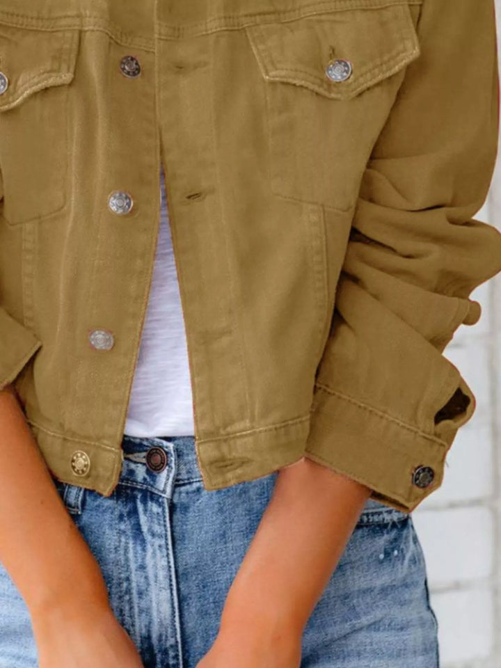 Cropped button-up denim jacket with chest pockets
