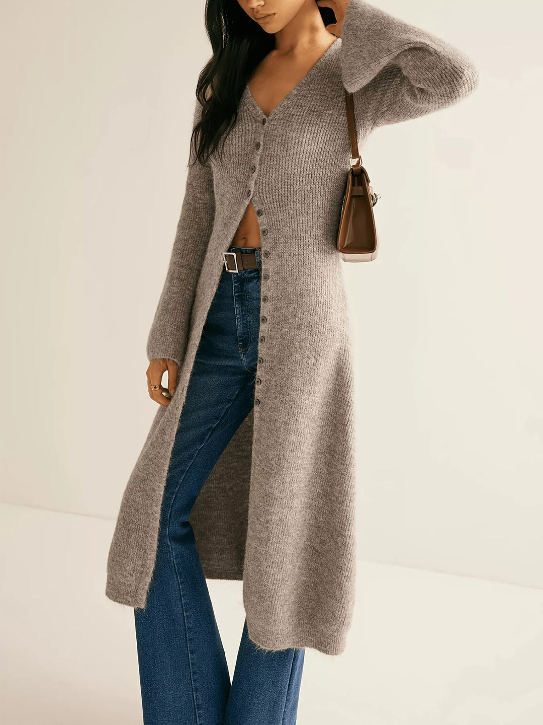 Ribbed knit longline button-down cardigan with bell sleeves