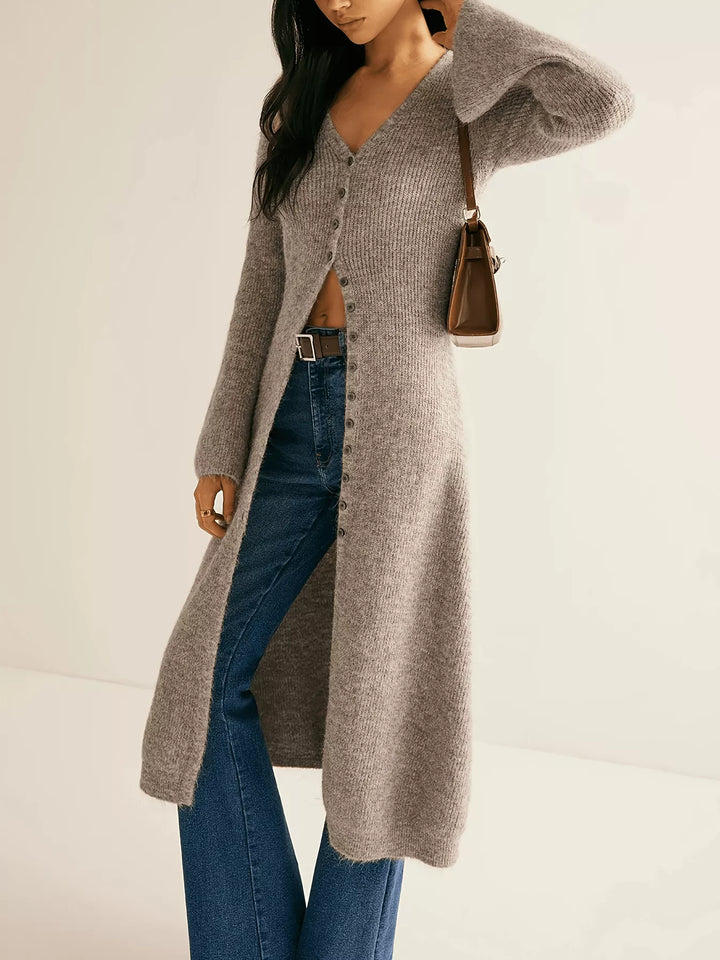 Ribbed knit longline button-down cardigan with bell sleeves