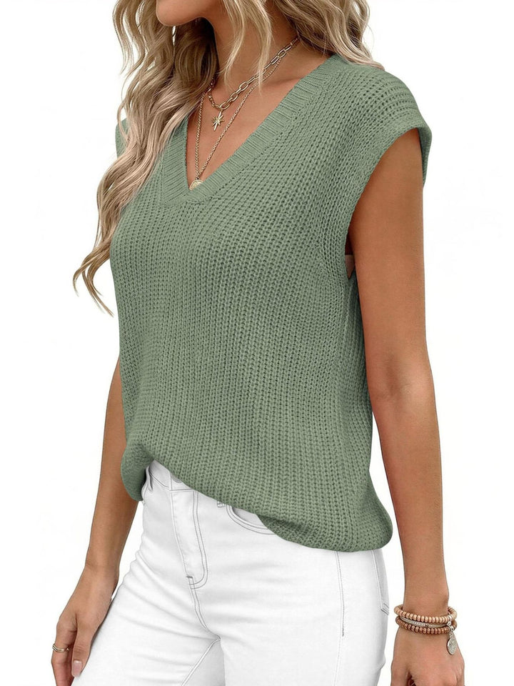 V-neck cap sleeve waffle knit sweater vest