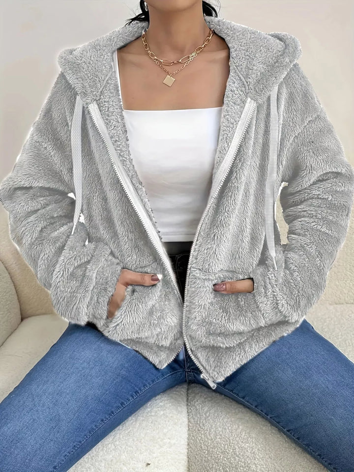 Light Gray Fuzzy fleece hooded zip-up jacket with front pockets