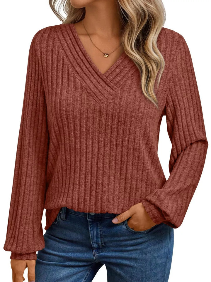 Caramel Color Ribbed knit v-neck top with blouson sleeves