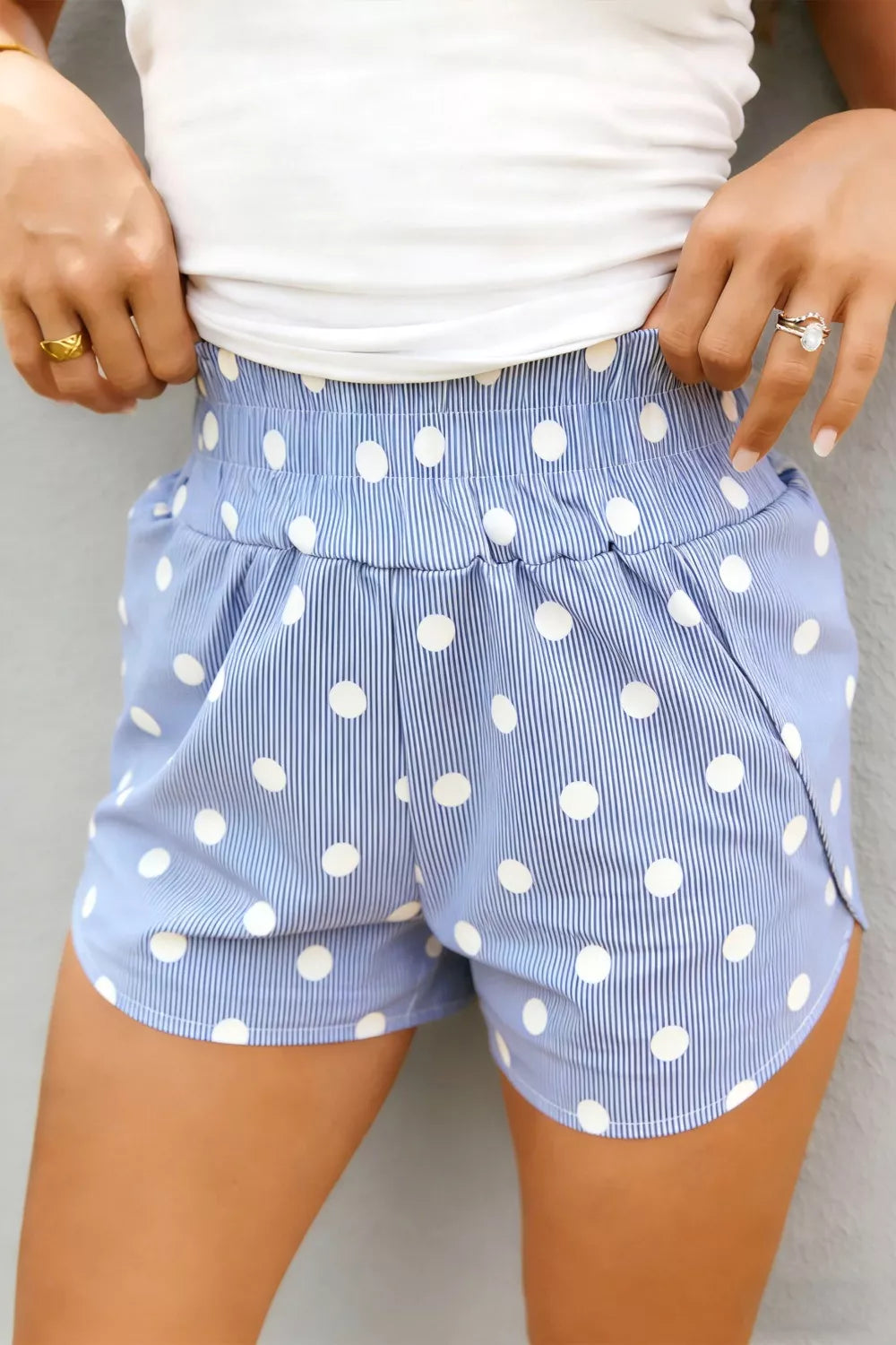 Light Blue Polka dot striped elastic waist shorts with side pockets