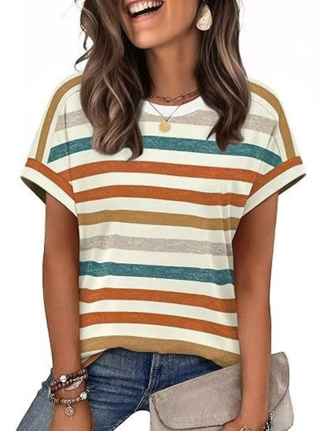 Multicolor striped crew neck short sleeve t-shirt