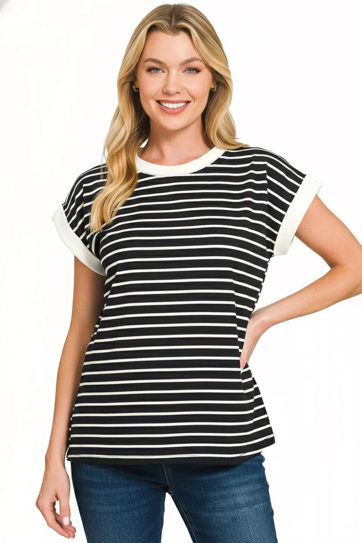 Contrast trim striped cap sleeve tee