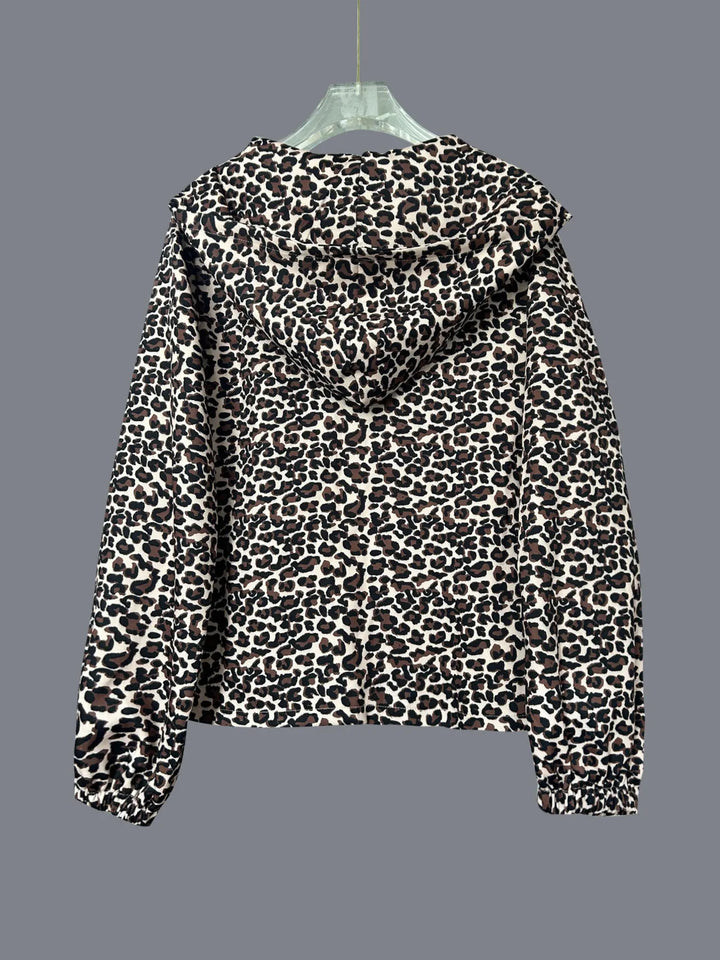 Leopard print zip-up hooded jacket with side pockets