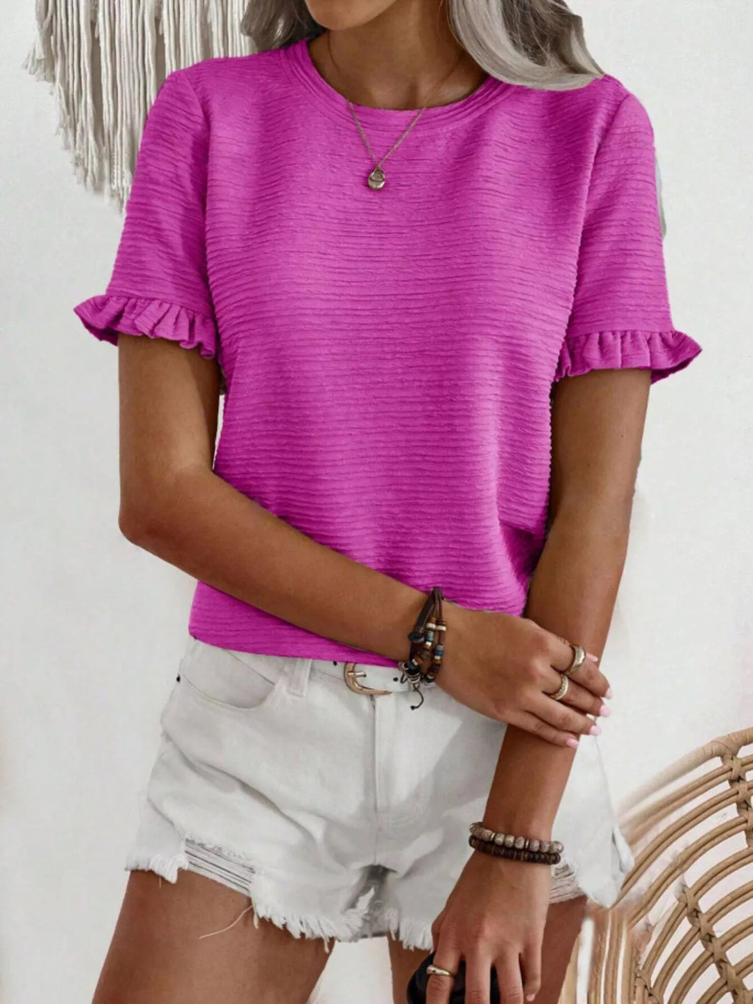 Ruffle-cuff crew neck top with crinkle texture