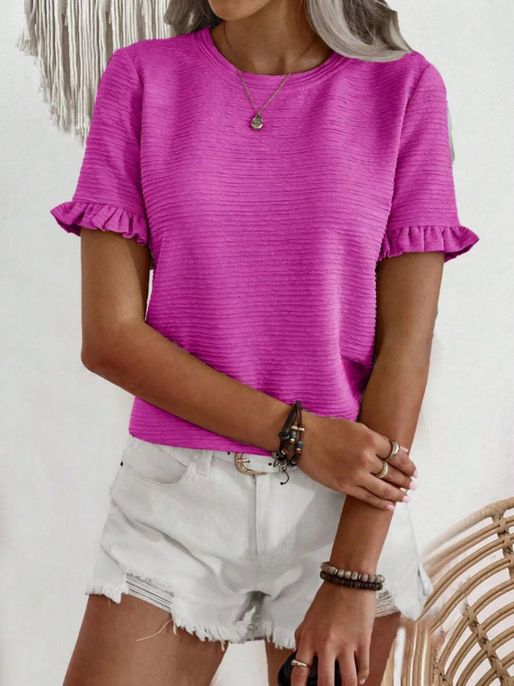 Ruffle-cuff crew neck top with crinkle texture