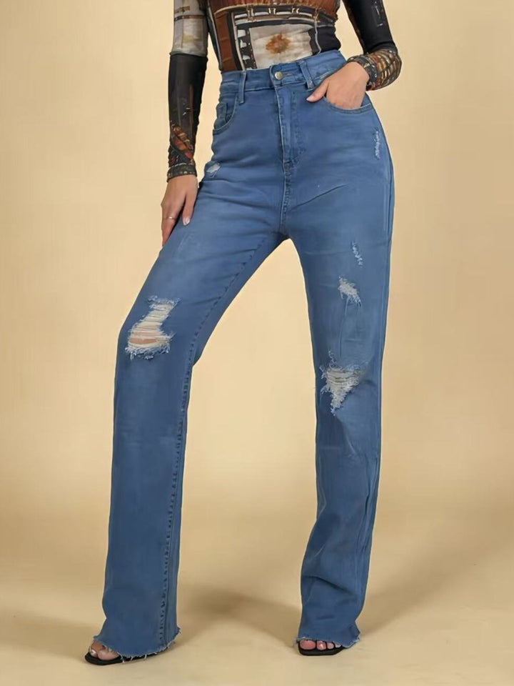 Distressed high-rise skinny jeans with frayed hem