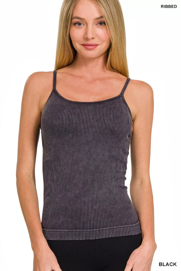 Stone-washed ribbed seamless spaghetti-strap cami tank