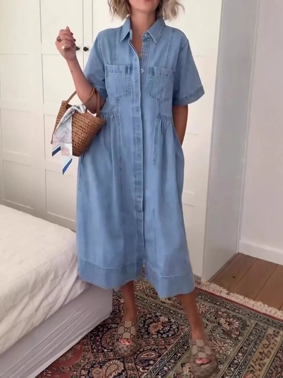 Blue Button-front denim midi shirt dress with tiered skirt