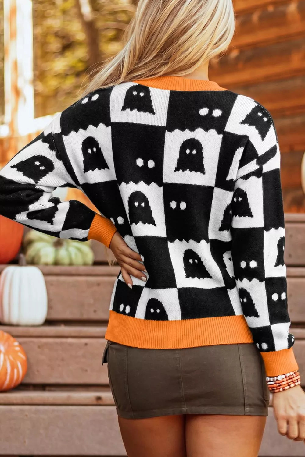 Ghost checkerboard knit sweater with contrast ribbed trim