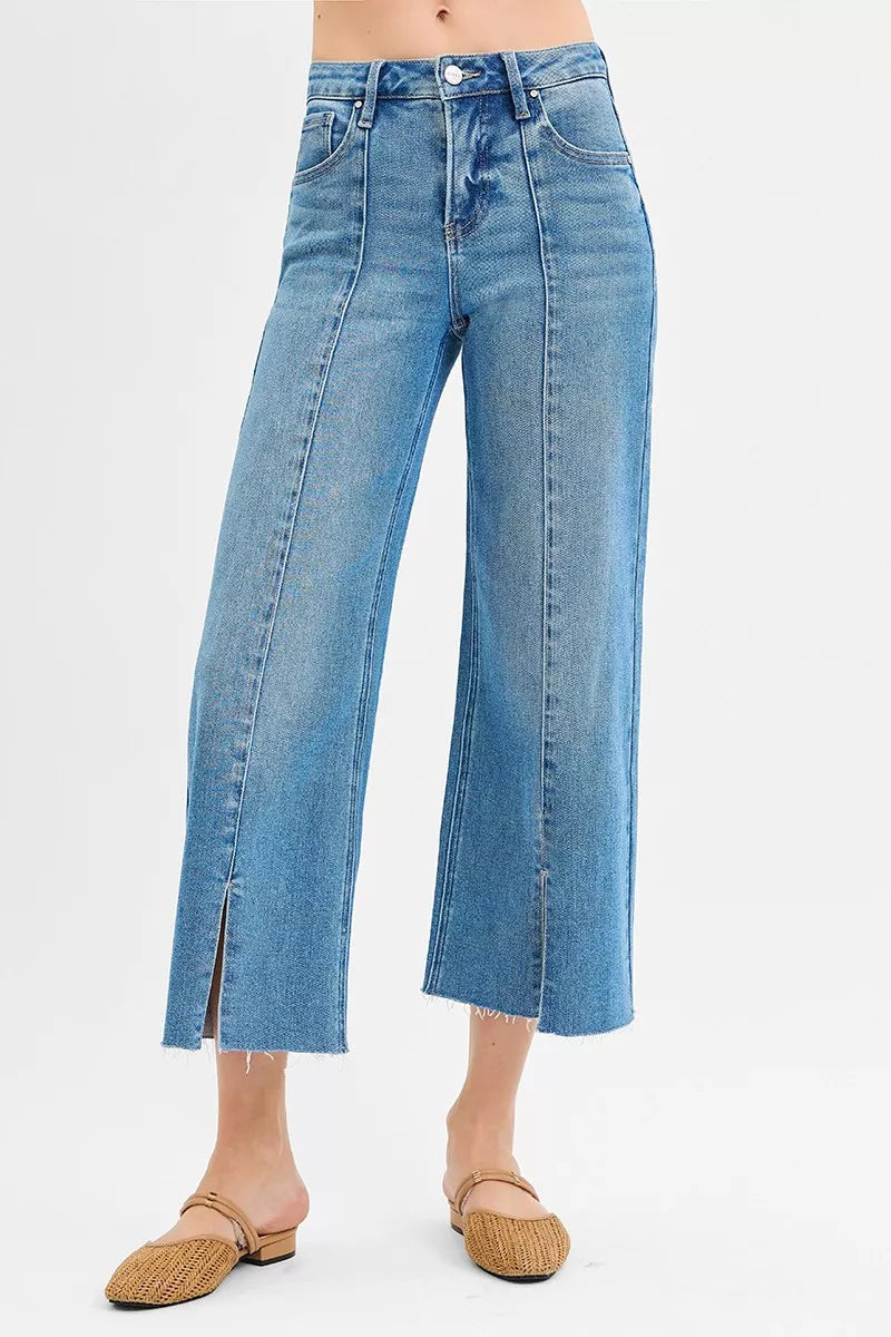MEDIUM Mid-rise wide-leg crop jeans with raw hem and front slit
