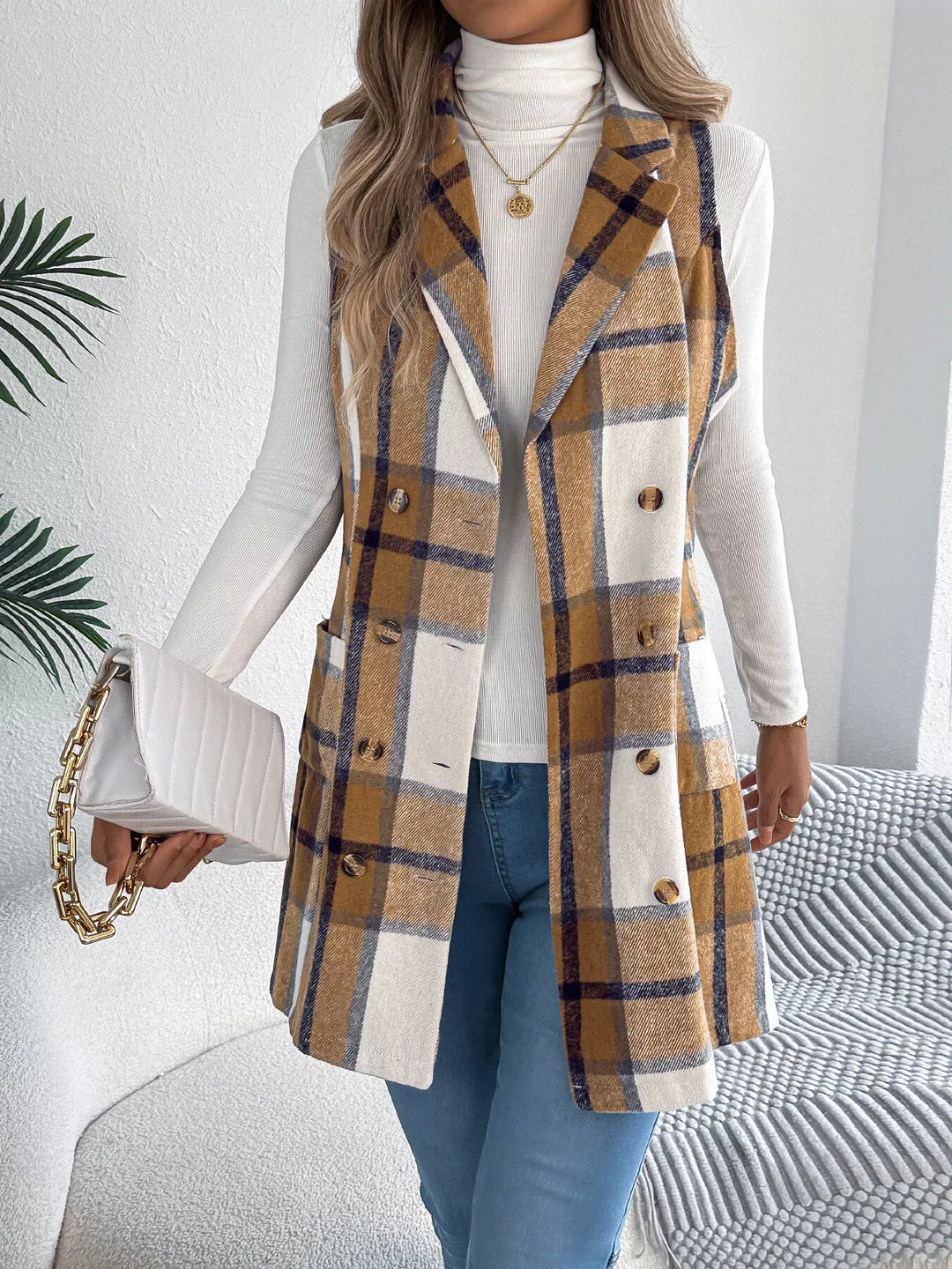 Plaid double-breasted longline vest coat with notched lapel