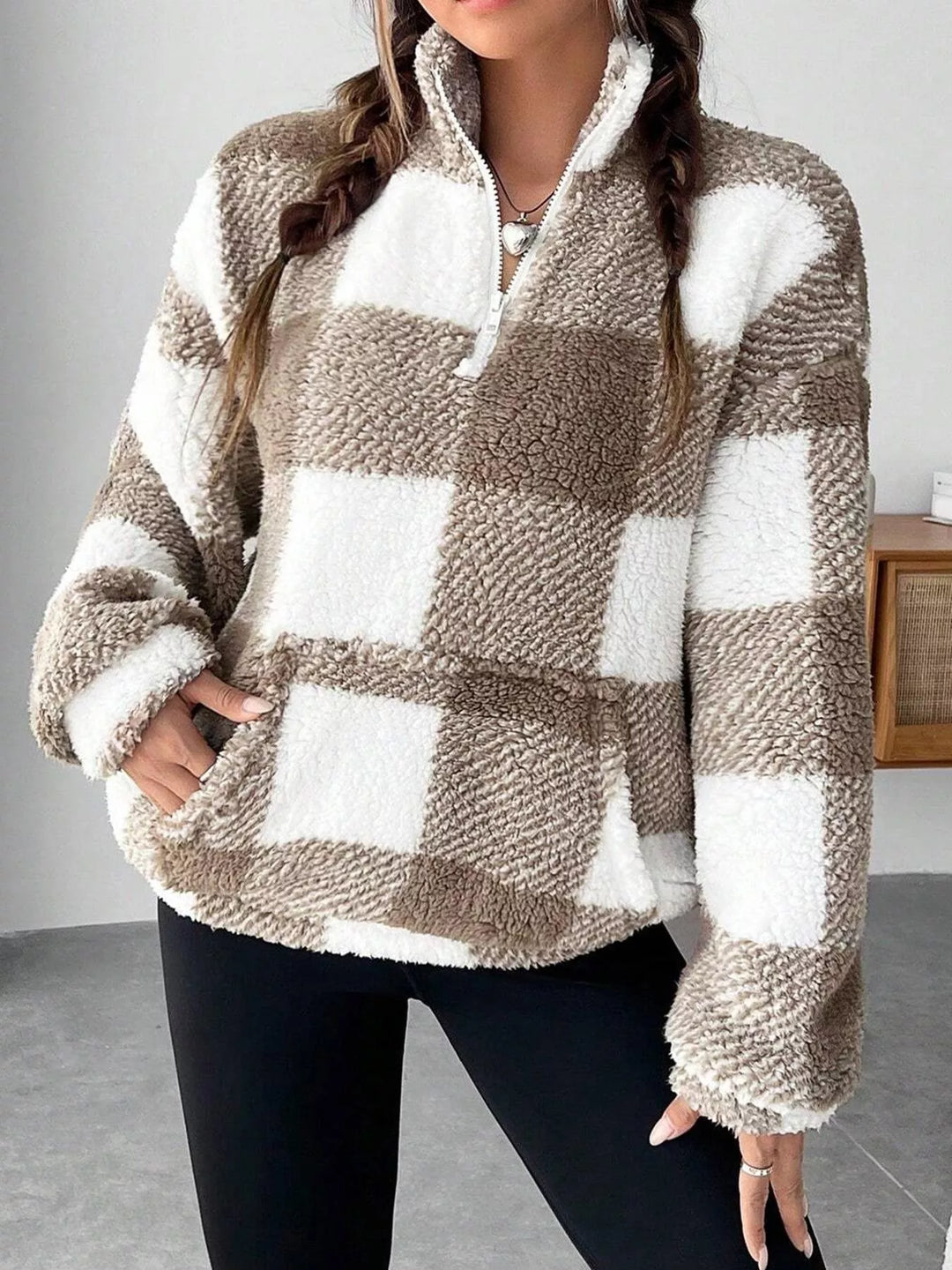 Plaid sherpa quarter-zip pullover with front pocket