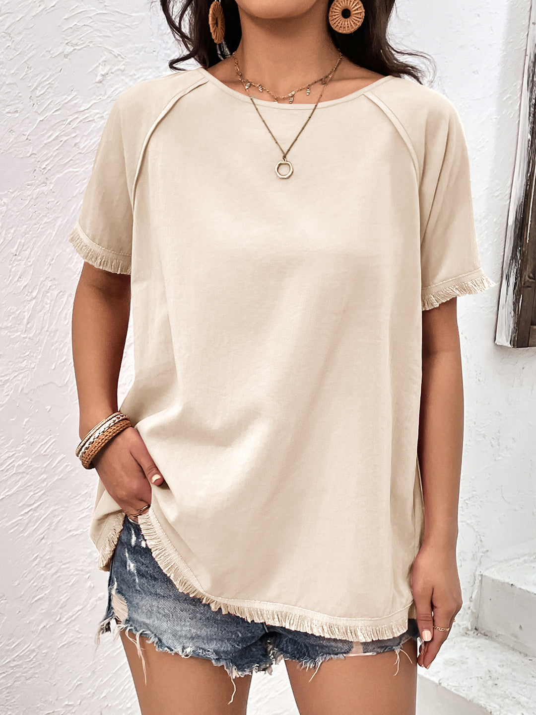 Cream Fringe-trim raglan sleeve round neck tunic top