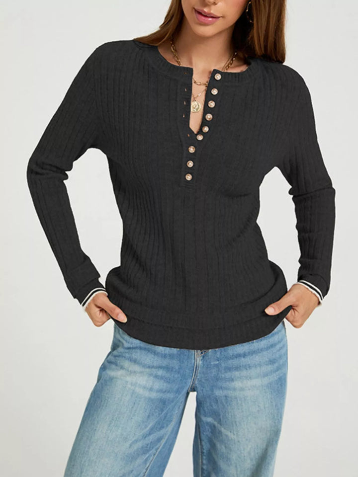 Ribbed knit henley sweater with button placket
