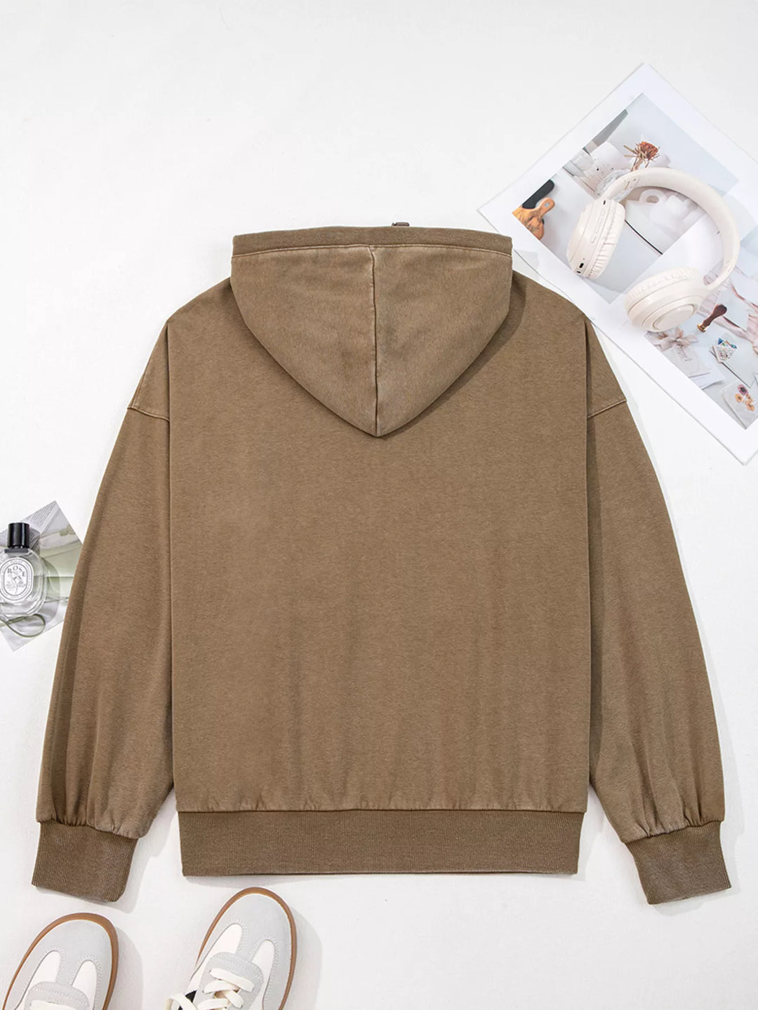 Mineral wash half-zip baggy hoodie with kangaroo pocket