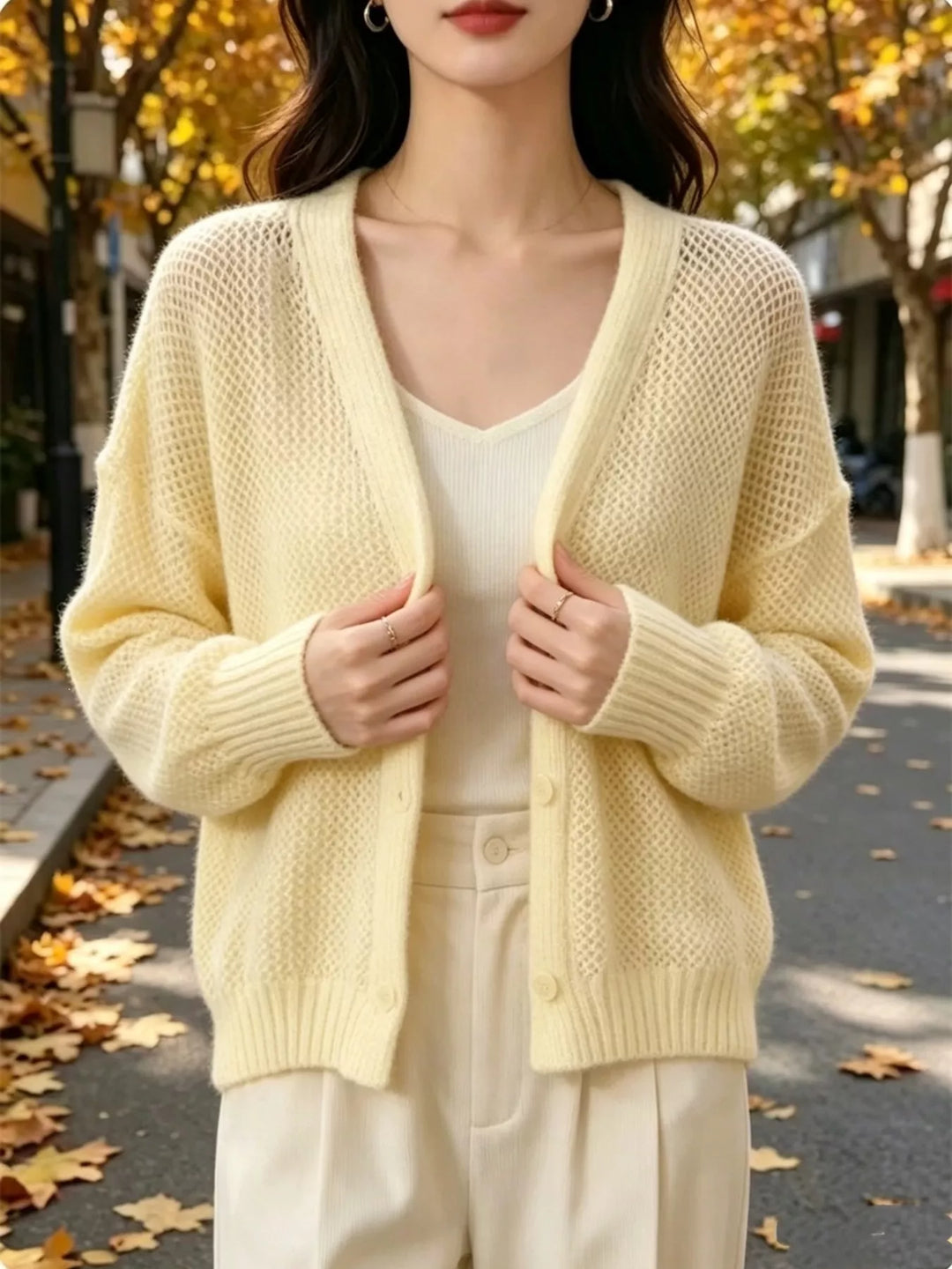 Pastel Yellow Open-knit V-neck button-front cardigan with ribbed trim