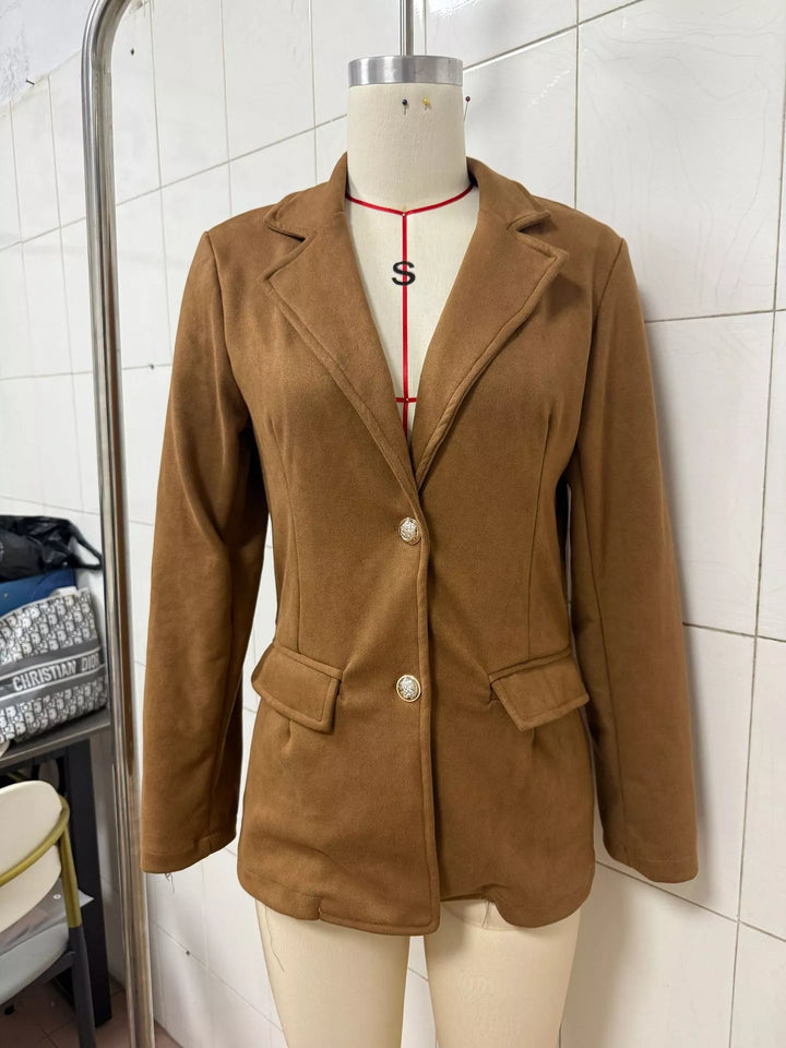 Suede-look notch lapel blazer with gold buttons