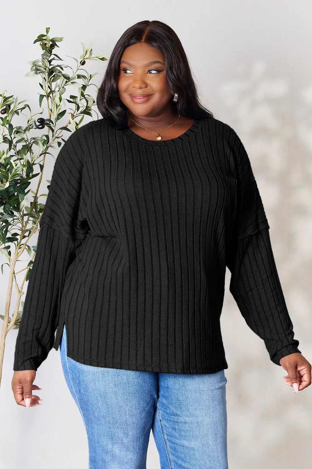 Ribbed knit round neck tunic top with side slits