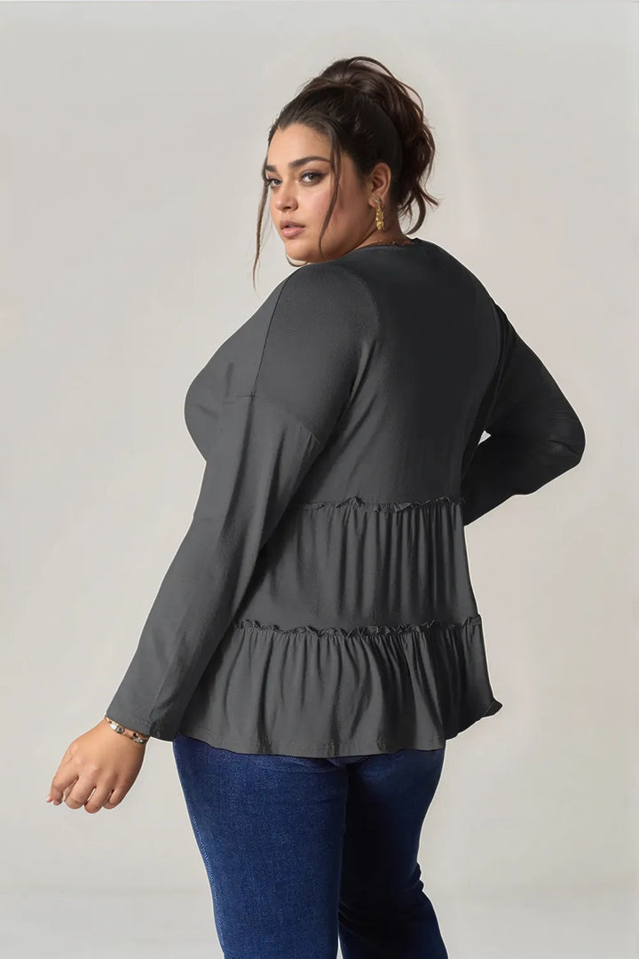 Half-button long sleeve blouse with tiered ruffle hem