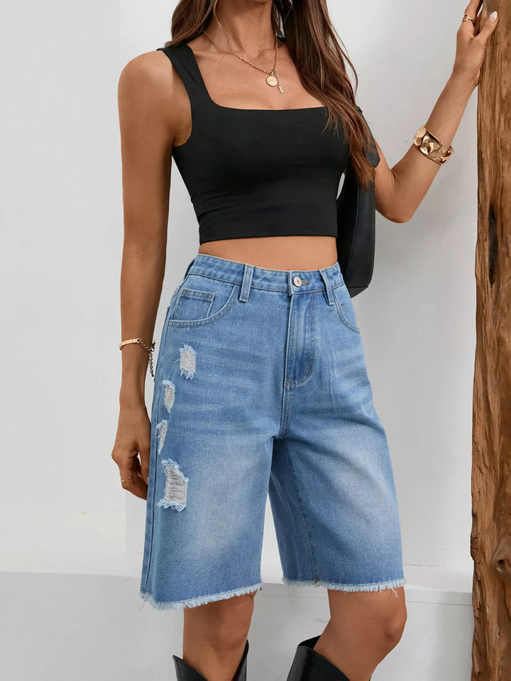 Distressed high-rise denim bermuda shorts with frayed hem