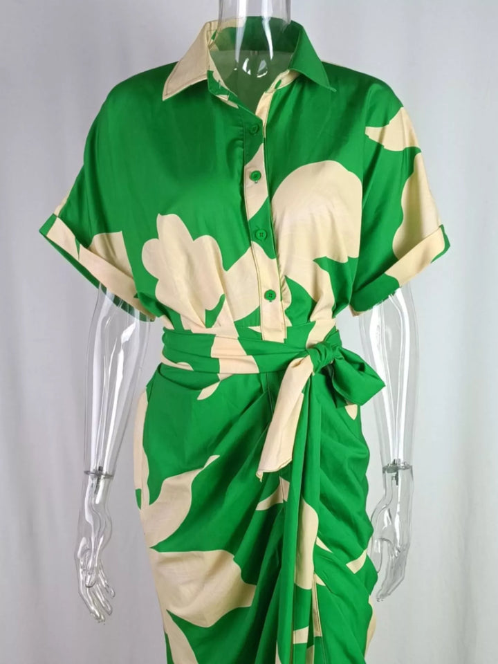 Abstract print short sleeve maxi shirt dress