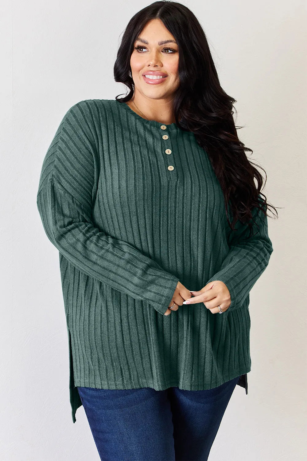 Ribbed knit half-button long sleeve high-low top