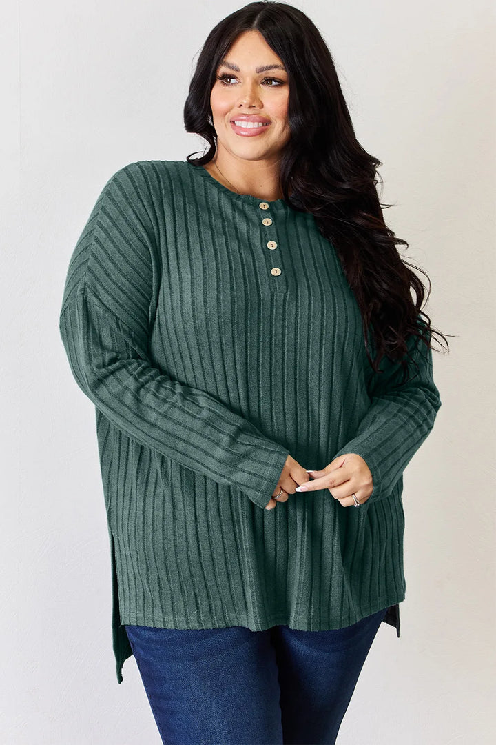 Ribbed knit half-button long sleeve high-low top