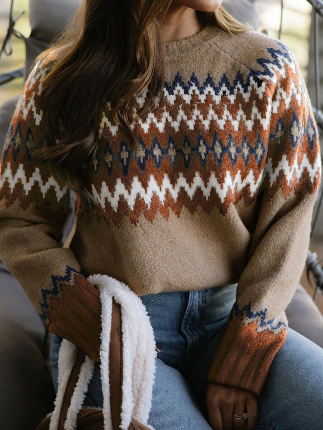 Fair Isle geometric knit crew neck sweater