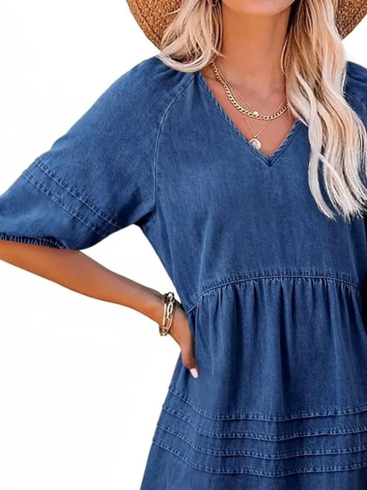 V-neck puff sleeve denim mini dress with pintuck pleating