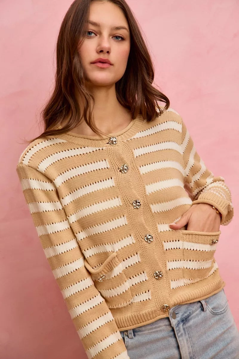 Striped openwork knit cardigan with jeweled buttons