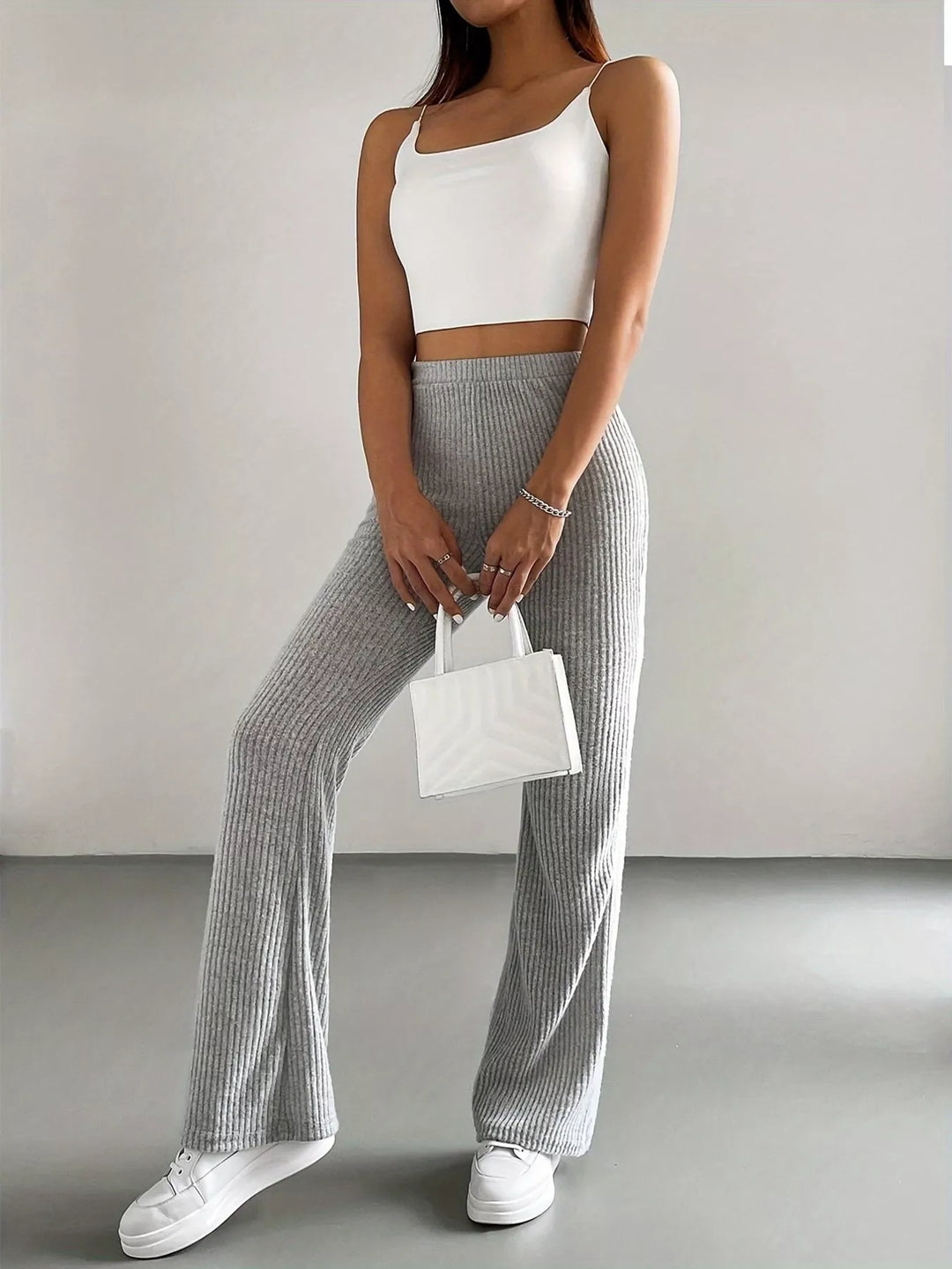 Grey High-rise ribbed knit flare pants