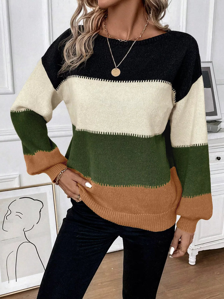 Olive Green Color block round neck knit pullover sweater