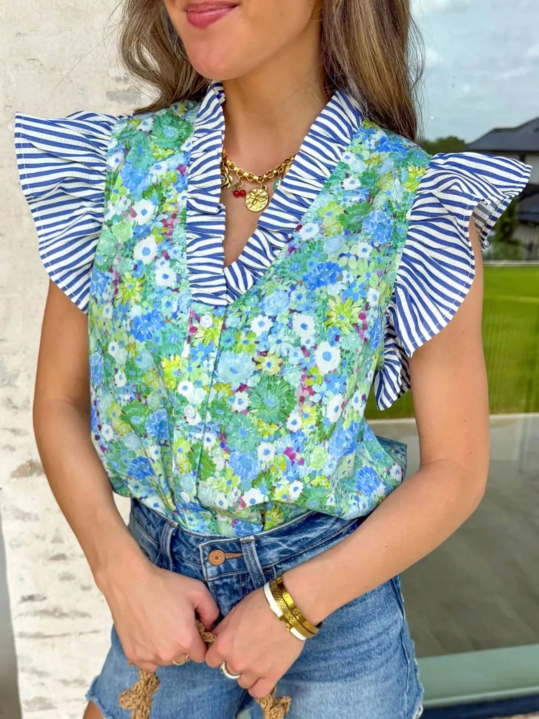 Green Floral and striped patchwork flutter sleeve V-neck blouse