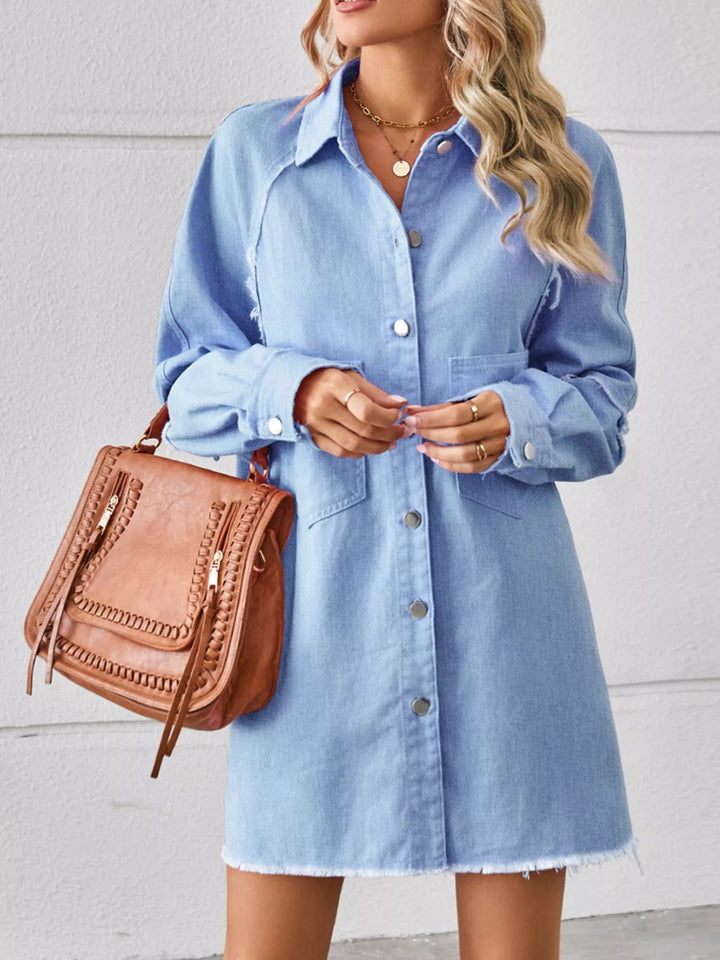 Oversized button-down raw hem denim shirt dress