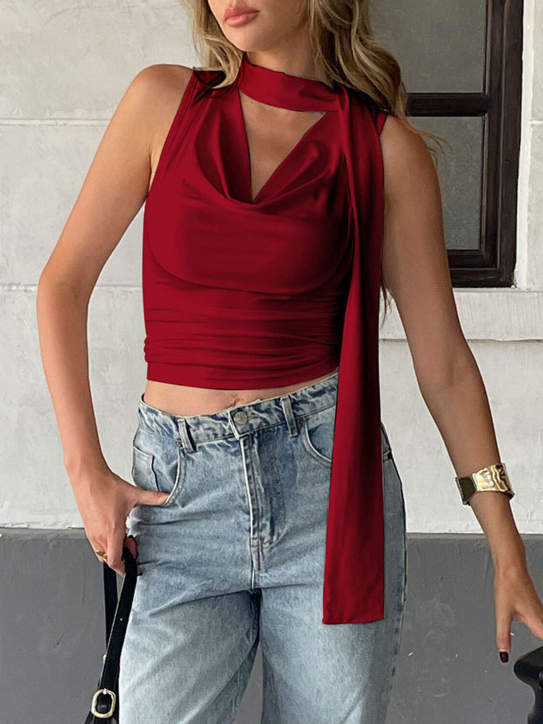 Ruched cowl neck cami with tie choker neckline