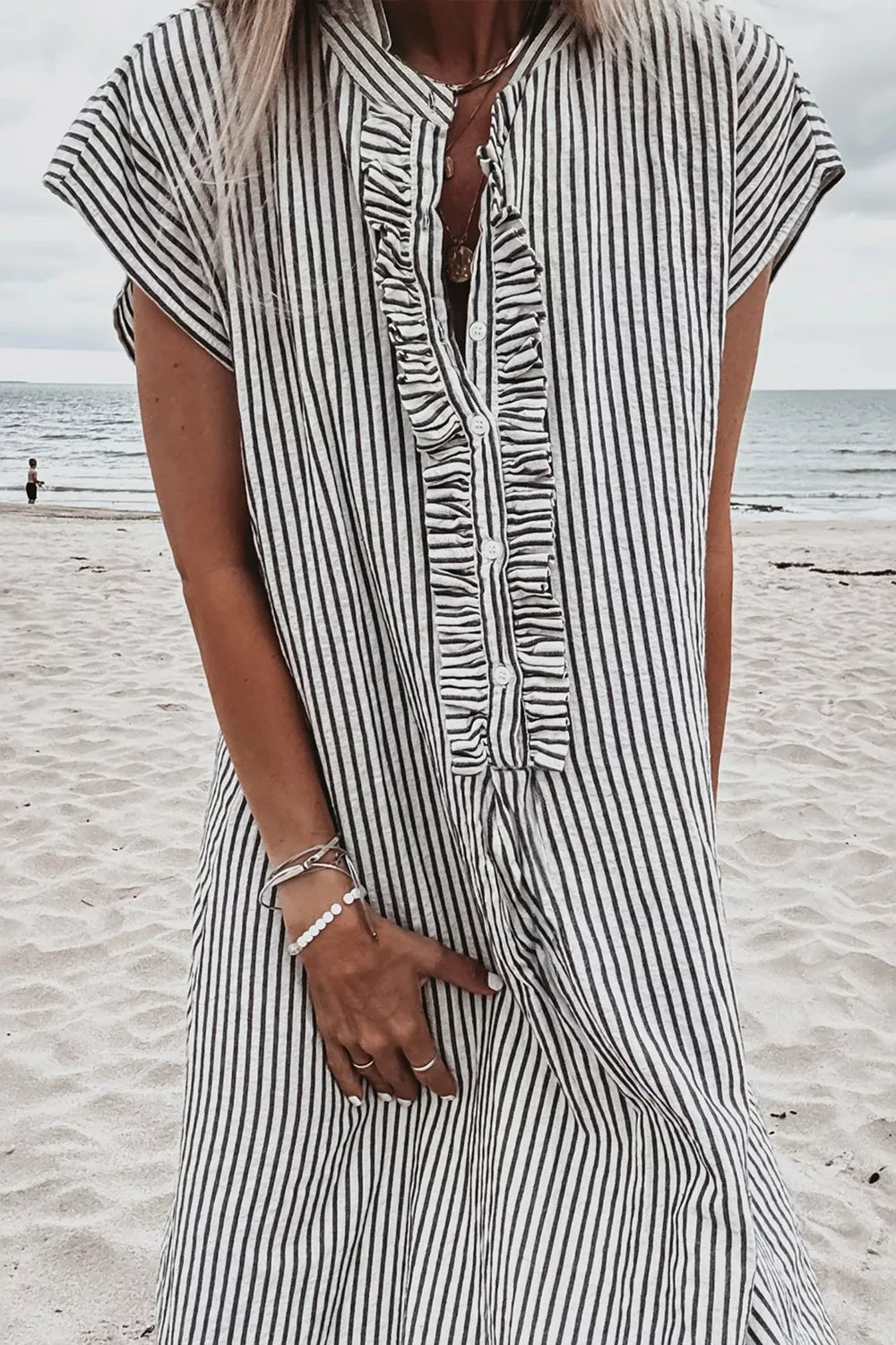 Striped ruffle button-front maxi dress