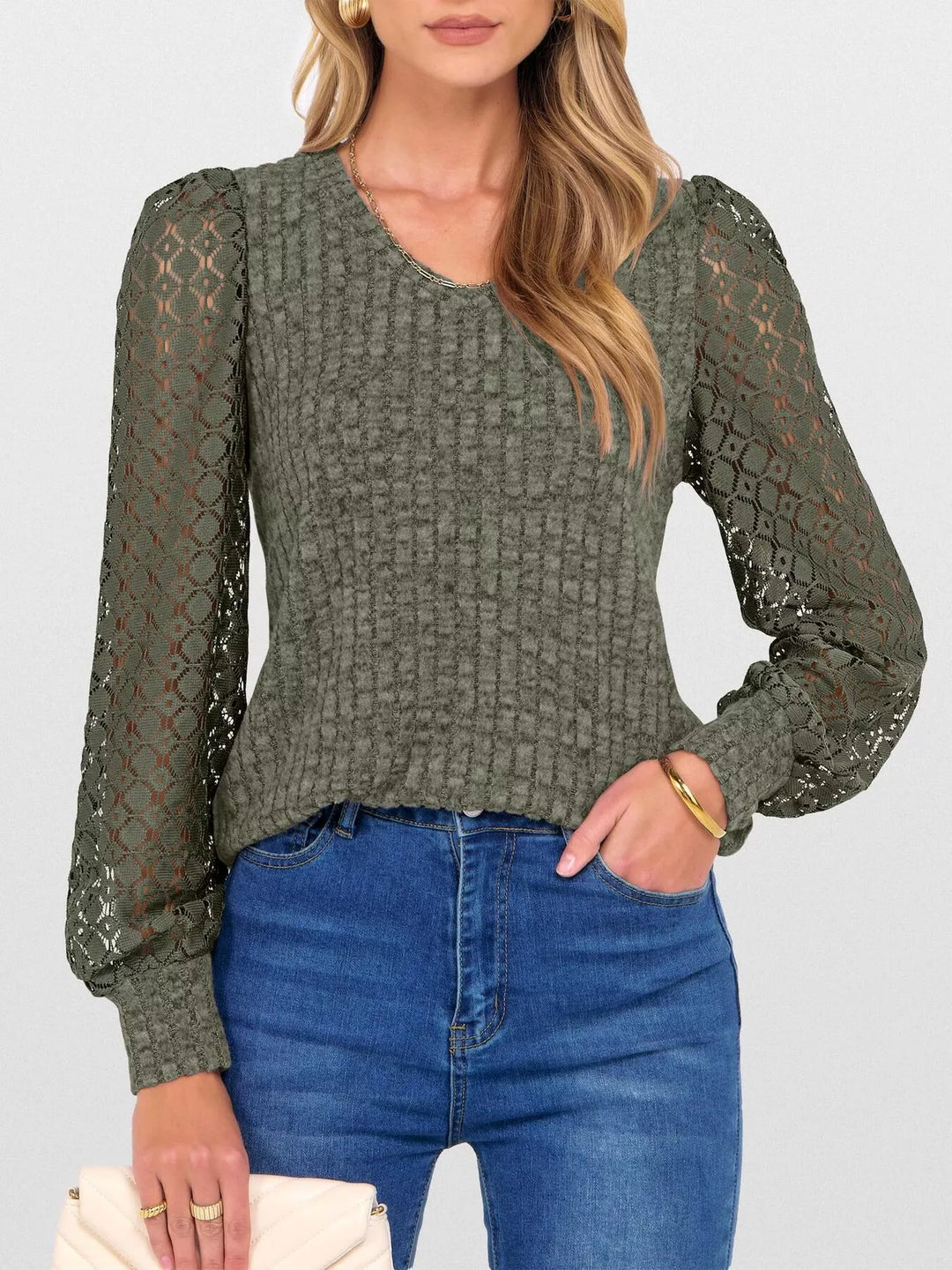 Sheer lace sleeve ribbed knit V-neck top