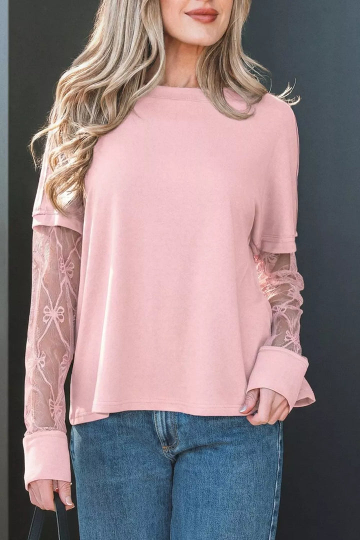 Dusty Pink Crew neck top with bow-embroidered sheer lace sleeves