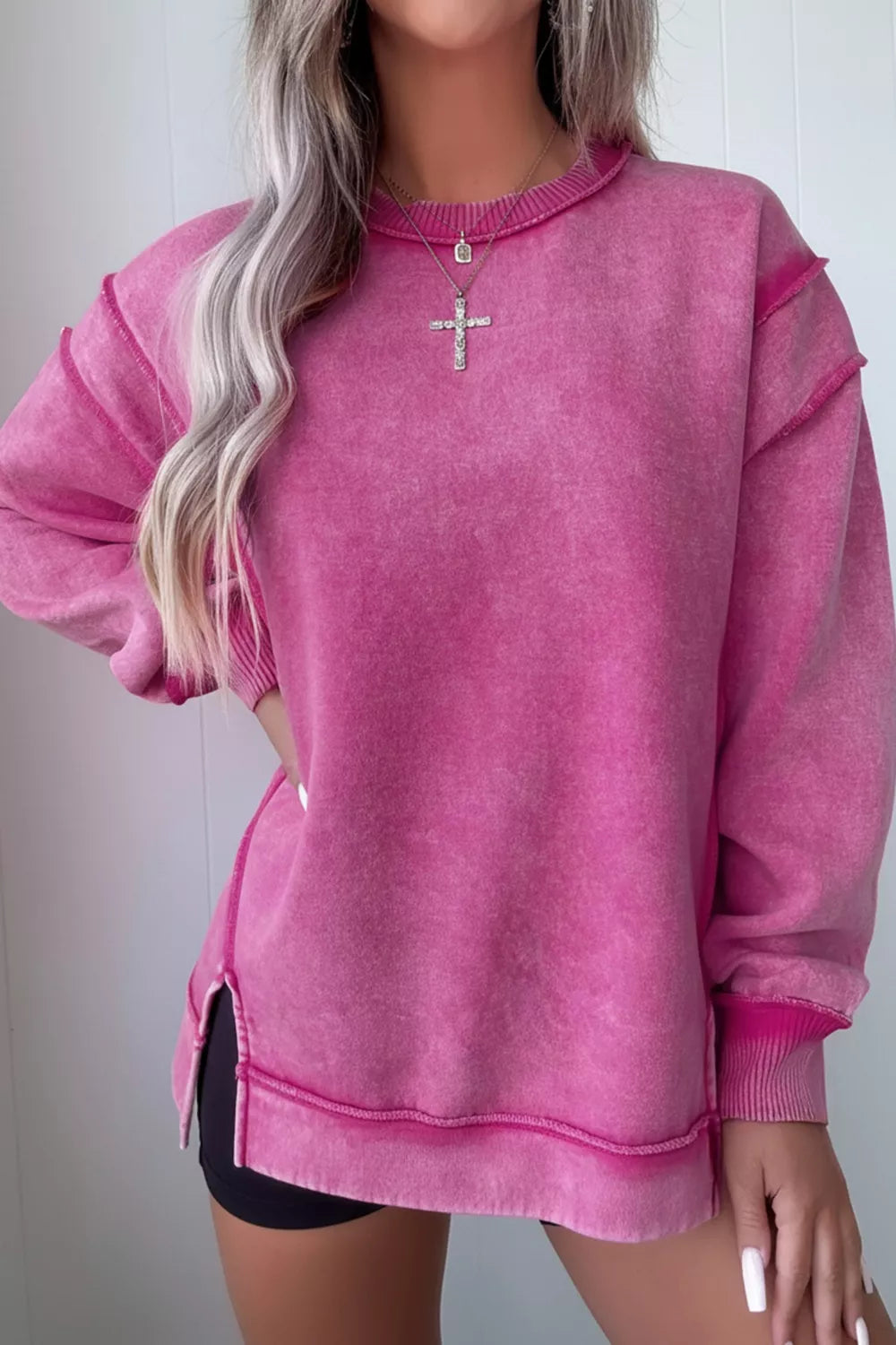 Hot Pink Mineral wash exposed seam side slit sweatshirt